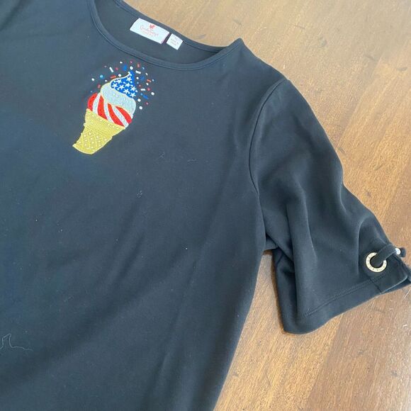 Quacker Factory T-Shirt Women's XL Black Ice Cream Cotton Embellished Embroidery - Picture 3 of 16